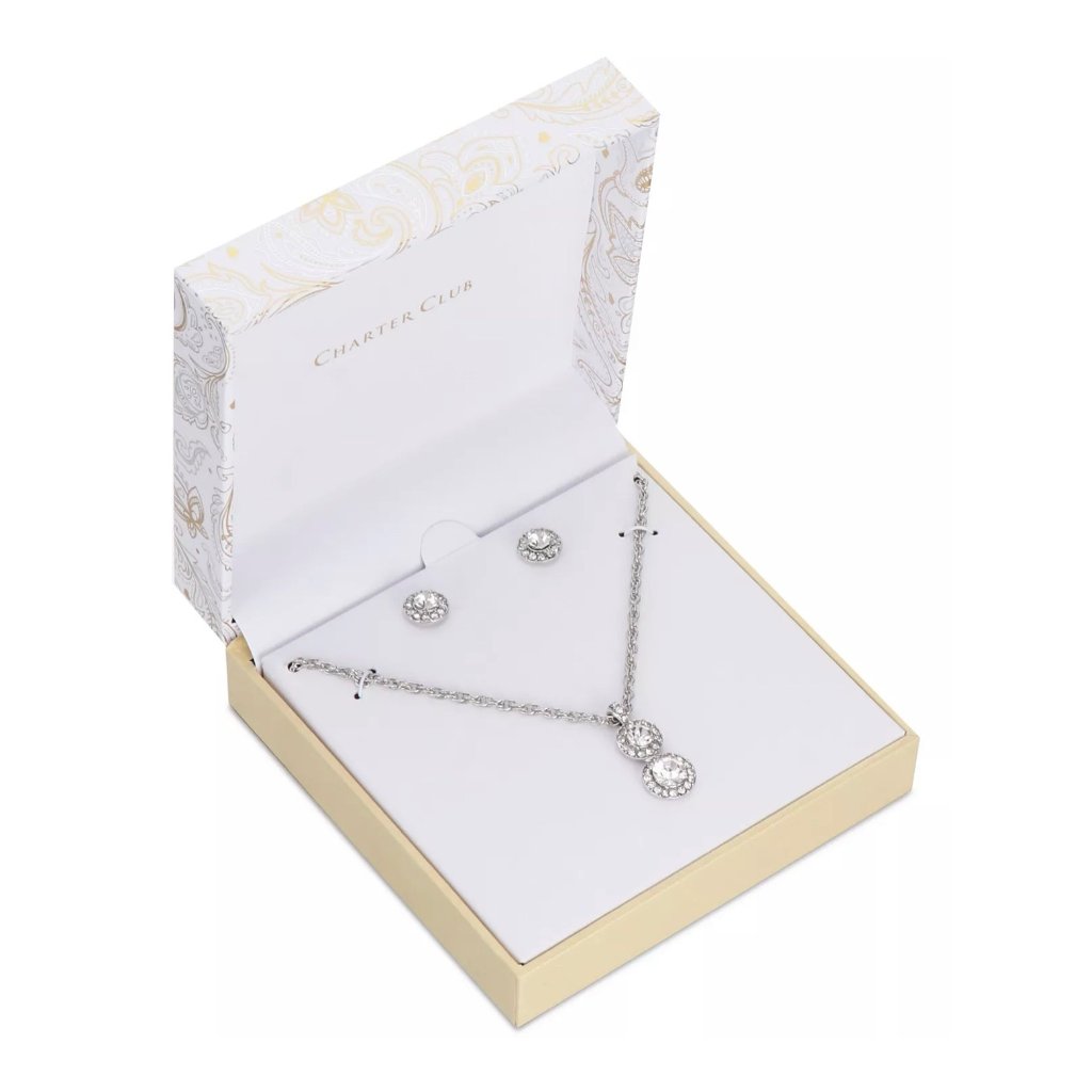 Charter Club Silver-Tone Double Crystal Halo Pendant Necklace & Stud Earrings S